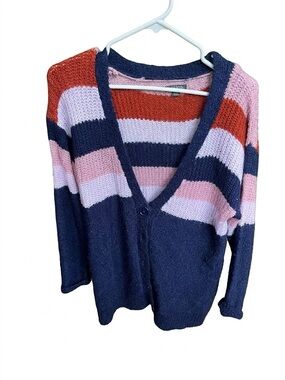 wild fable Striped V-Neck Button Cardigan - Navy, Pink & Red